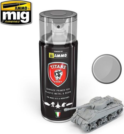 Primer sprej Ammo by Mig Titans Hobby 102, 400ml, mat, gri e çelët