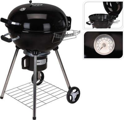 Grill qymyri ProGarden Kettle, me kapak dhe termometër, me rrota, i zi