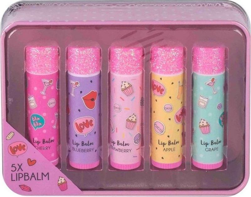 Set balsami buzësh Canenco Lip Balm Create It, 5 copë, kuti metalike rozë