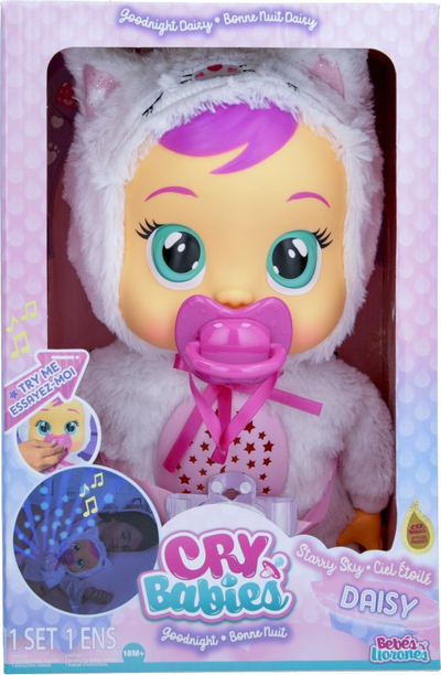 Lodër për bebe Cry Babies Goodnight Daisy, projektor me hënë edhe yje, me ninulla, e bardhë