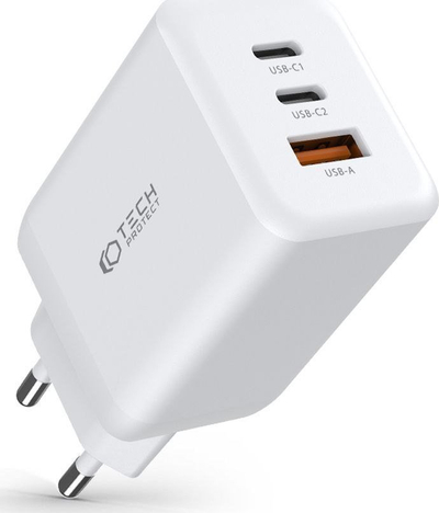 Karikues muri Tech-Protect C65W, 65W, 2x USB C PD QC 3.0, i bardhë