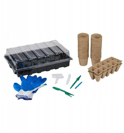 Set kopshtarie Kinzo Plant Growing Kit, 68 pjesë, tabaka mbjelljeje, vazo torfe