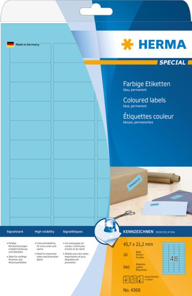 Etiketa ngjitëse Herma Color Labels 4368, A4, 45.7 x 21.2 mm, letër blu mat, 960 copë