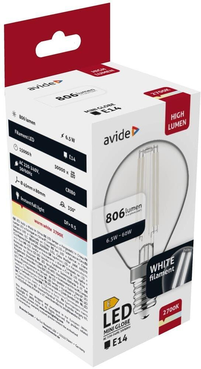 Llambë LED Avide Mini Globe E14 G45, 6.5W 806lm, 2700K, transparente