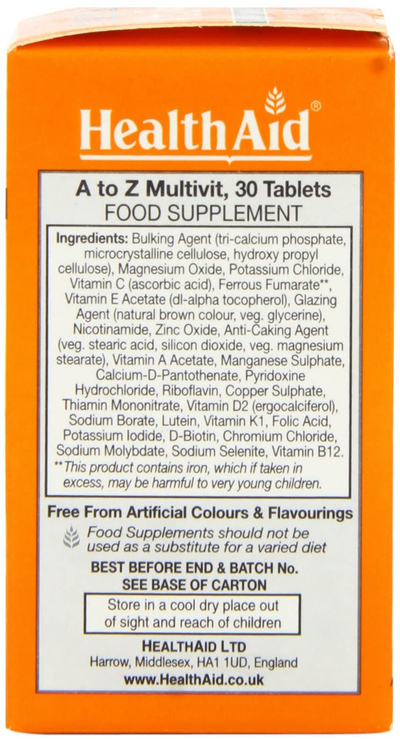 Tableta A-Z Multivit (Vitamina dhe Minerale) vegane nga HealthAid, 30 copë