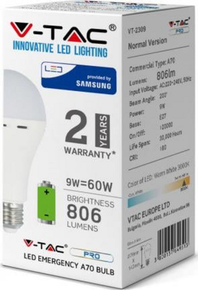 Poç elektrik V-TAC VT-2309, LED, E27, 9W, 806lm, 6400K, i bardhë