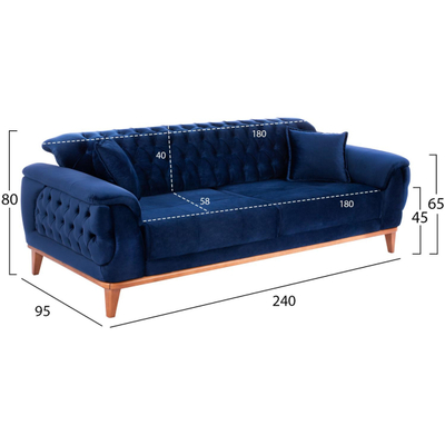 Divan-Shtrat 3 ulëse, këmbë druri, 240×95×80 cm HM3249.18, kaltër