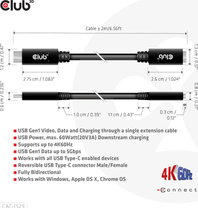 Kabllo USB Club 3D USB-C në USB-C, 1 m, 5 Gbps, e zezë