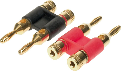 Banana plug i dyfishtë Goldline, 6 mm, i kuq edhe i zi