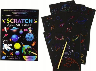 Set vizatimi me gërvishtje Scratch Space Artcards, 9 fletë, me stilolaps, me figura nga hapësira