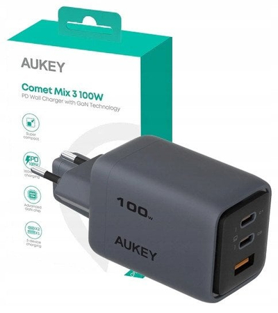 Karikues murit Aukey PA-C5 Comet Mix 3, 100W, 2x USB-C edhe 1x USB, gri