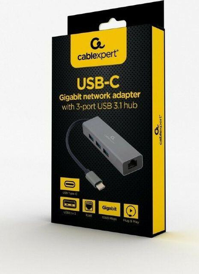 USB Hub Gembird (A-CMU3-LAN-01), 1x RJ-45, 3x USB-A 3.0, i hirtë