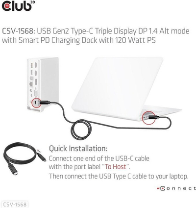 Stacion docking Club3D USB-C, Triple Display DP Alt mode Displaylink, PD 120W