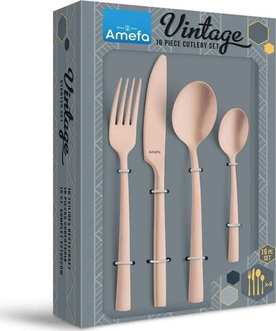 Set lugë dhe pirunë Amefa Manille 9035, 16 pjesë, në kuti vintage, ngjyrë bakër stonewash