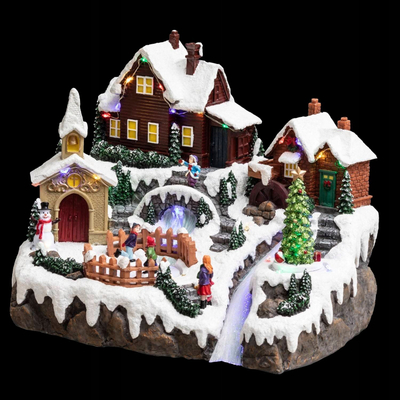 Figurinë dekorative Krishtlindjesh Fééric Lights Christmas Village Frozen in Ice, LED, 32 x 24.5 cm, shumëngjyrëshe