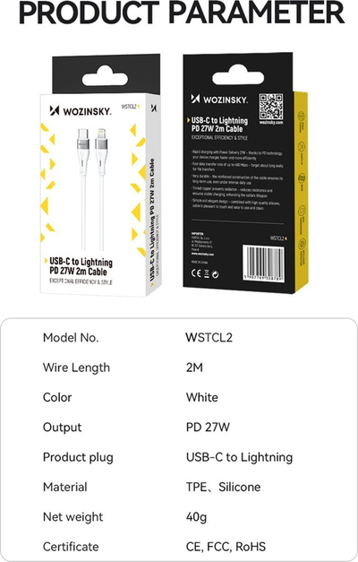 Kabllo karikimi Wozinsky WSTCL1, Lightning në USB-C, 27W PD, 1 m, e bardhë
