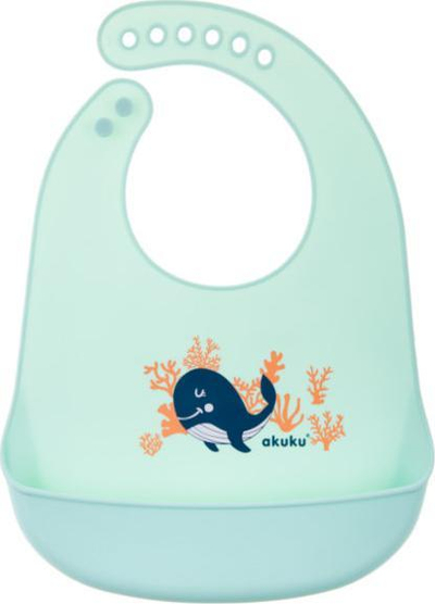 Pelerinë silikoni për bebe Akuku Whale, me xhep kapës, ngjyrë mente jeshile