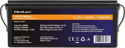 Bateri LiFePO4 Qoltec, 12.8V, 200Ah 2560Wh, me BMS