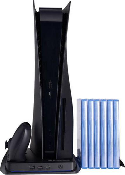 Stacion multifunksional SteelDigi Azure Crow për PS5, me ftohje me ventilatorë, karikues për dy pultet DualSense, i zi