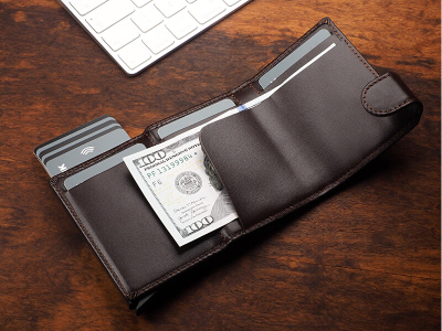 Portofol Pularys Oxford Mini Wallet, mbajtës kartelash, RFID, lëkurë italiane, i zi