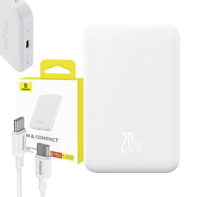 Powerbank Baseus Magnetic Mini, 5000mAh, 20W, i bardhë