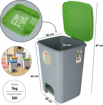 Kosh plehrash Curver Essentials, 20L, me pedale, gri me kapak jeshil