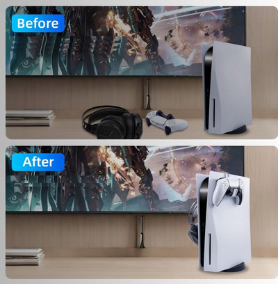 Varëse me 2 mbajtëse për kufje dhe gjëra të tjera, për Sony PlayStation 5, vetëngjitëse, e zezë