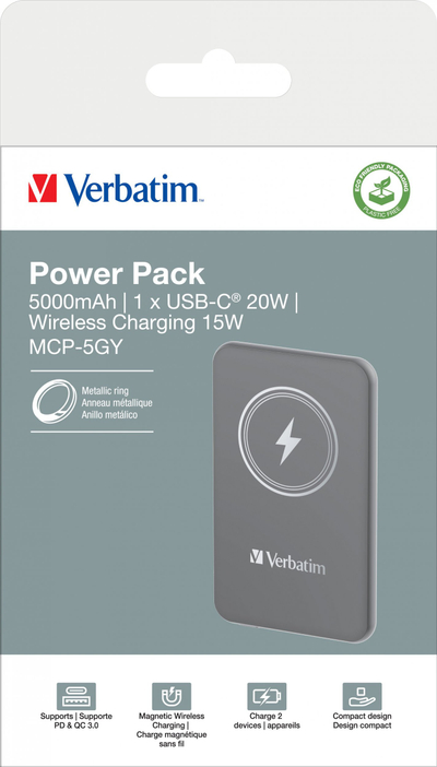 Bateri e jashtme Verbatim Charge 'n' Go, 5000mAh, karikim wireless me magnet, gri
