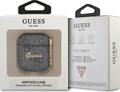 Mbulesë mbrojtëse Guess GUA24GSMK 4G Script Metal për kufje AirPods 1/2, gri