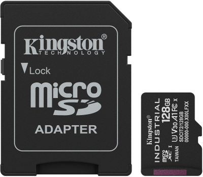 Kartë memorie microSDXC Kingston Industrial, 128GB, A1 C10 V30, me adapter SD, e zezë