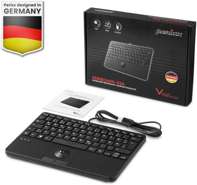 Tastierë Perixx PERIBOARD-526 H EN, mini me kabllo USB, trackball i integruar, e zezë