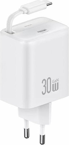 Karikues muri Usams CC241, 30W PD QC GaN, 1x USB C me kabllo tërheqëse USB C, i bardhë
