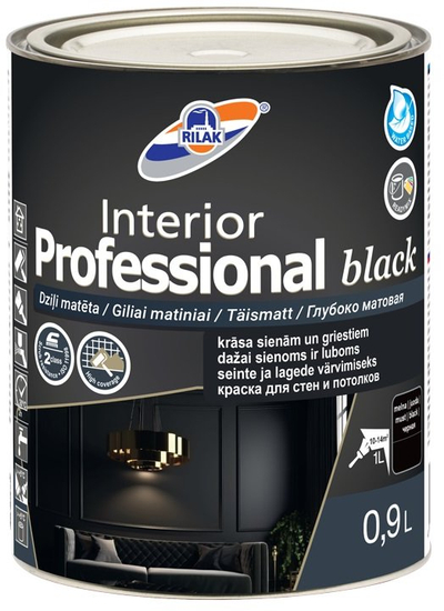 Bojë për mure Rilak Interior Professional Black, akrilike, mat, 0.9L, e zezë