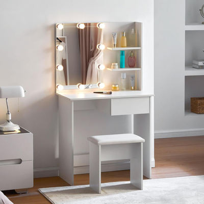 Tavolinë grimi me dritë LED dhe rafte Lauryn Melaminë 75x40x134.5Hcm (HM2501.03), bardhë
