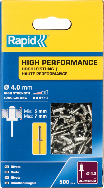 Riveta Rapid 5001433 High Performance, 4 x 10mm, kuti 500 copë, metalik