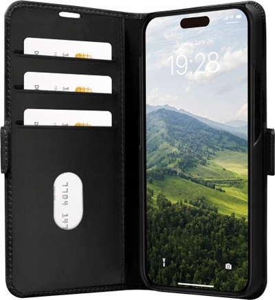 Këllëf telefoni Dbramante1928 Copenhagen për iPhone 15 Plus, lëkurë, folio, i zi