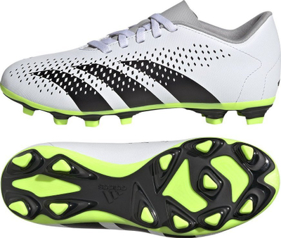 Këpucë futbolli për kalamaj Adidas Predator Accuracy.4 FxG J, taban FxG, për bar natyral, të bardha me detaje të zeza dhe jeshile neon