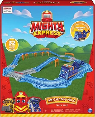 Pistë treni Spin Master Mighty Express Mechanic Milo Track Pack, 32 pjesë, me lokomotivë, shumëngjyrëshe