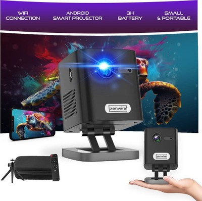 Projektor i vogël DLP portativ, Full HD 4K, WiFi me Android, me bateri
