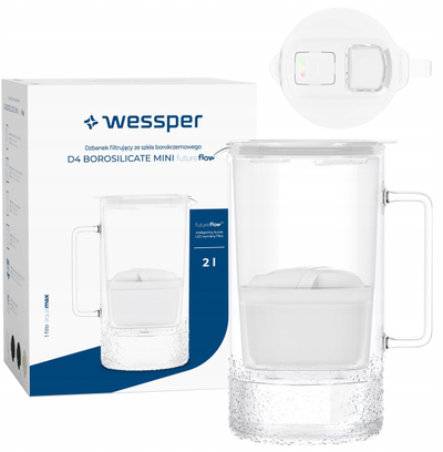 Shishe filtruese uji Wessper D4 Borosilicate Mini FutureFlow, xham borosilikat, 2L, e bardhë