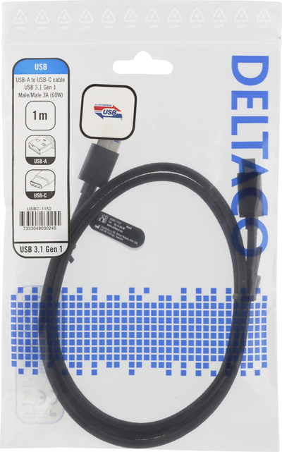 Kabllo USB Deltaco USBC-1152, USB-A në USB-C, 1 m, i zi