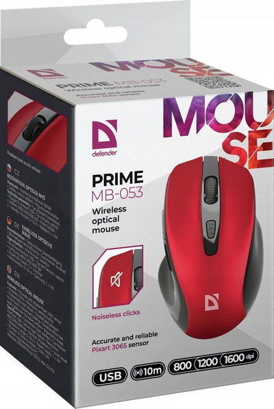 Maus wireless Defender PRIME MB-053, optik 1600 DPI, klik i heshtur, i kuq