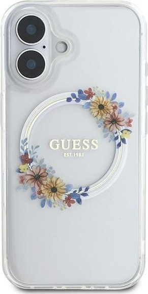 Mbulesë telefoni Guess IML Flowers Wreath për iPhone 16 Plus 6.7", MagSafe, transparente