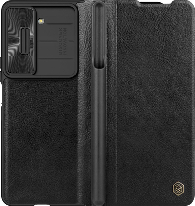 Mbulesë telefoni Nillkin Qin Pro për Samsung Galaxy Z Fold 6 5 4, flip lëkurë, kapak rrëshqitës për kamerë, e zezë