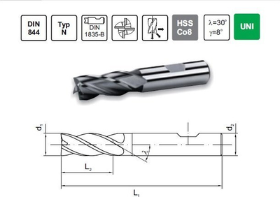 Freza cilindrike Opti MILL DIN 844, HSS Co8, diametër 4mm, metalik