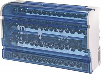 Zbarrë elektrike me 15 terminale, ETI EDB-415, 125 A, 4 poli, 400 V, 500 V izolim, 20 kA shkyçje, 50 × 133 × 88 mm, ngjyrë gri