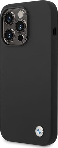 Футрола за телефон BMW Metal Logo за iPhone 15 Pro, силиконска, со метално лого, црна