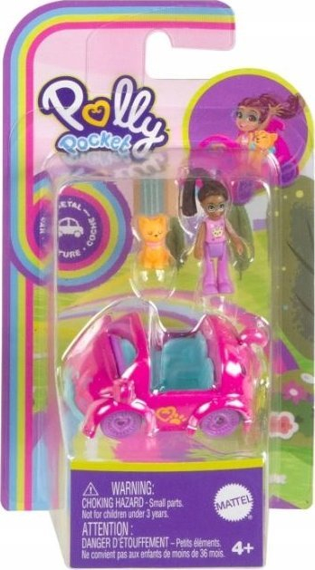 Set lodër Polly Pocket Micro, kukull me makinë metalike, figurë mace, rozë