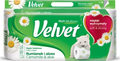 Letër higjienike Velvet Chamomile and Aloe, 3 shtresa, 8 role, e bardhë
