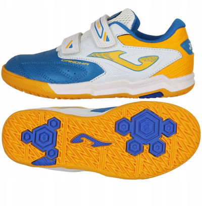 Atlete futsalli për fëmijë Joma Cancha 2604 Jr IN, taban për dysheme të brendshme, mbyllje me shirit ngjitës, blu e verdhë